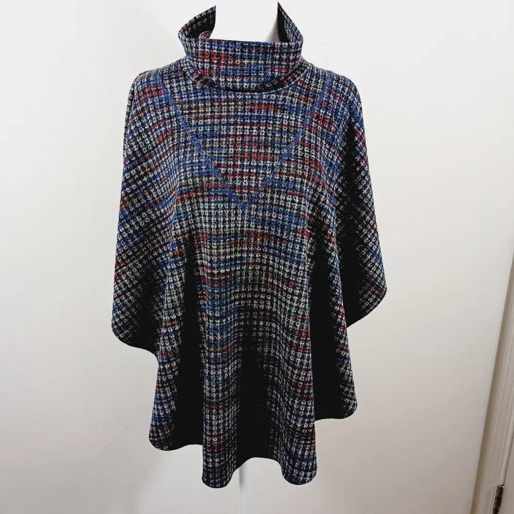 PURE essence Poncho, Denim Blue/Red/Gray, Cowl Neck, Size XL/TG, Layering Piece - Picture 3 of 10